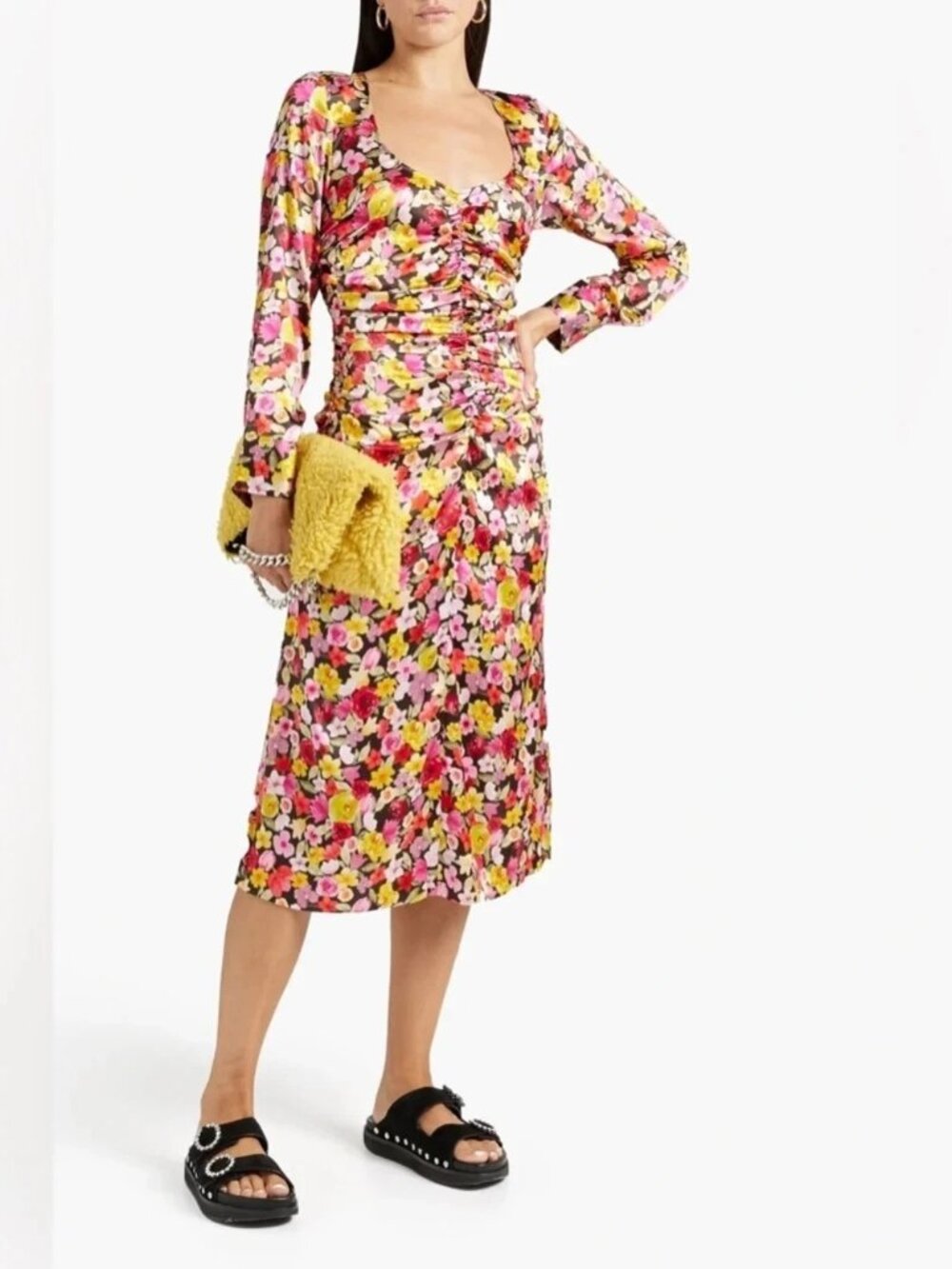 NWT GANNI Ruched floral print silk satin midi dress DE 38 / US 6 $645